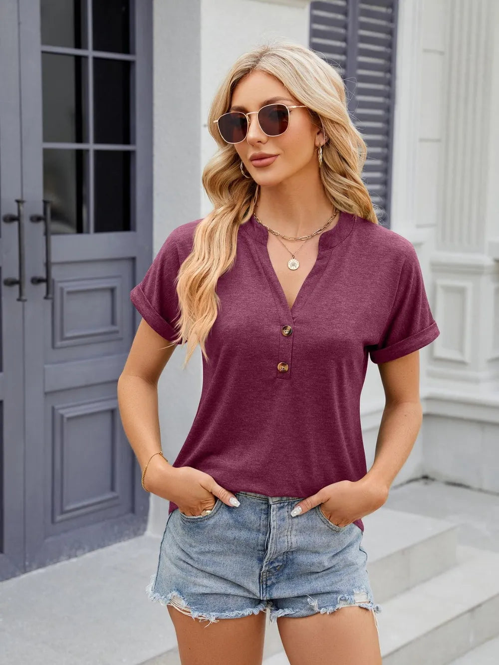 Notched Short Sleeve T-Shirt